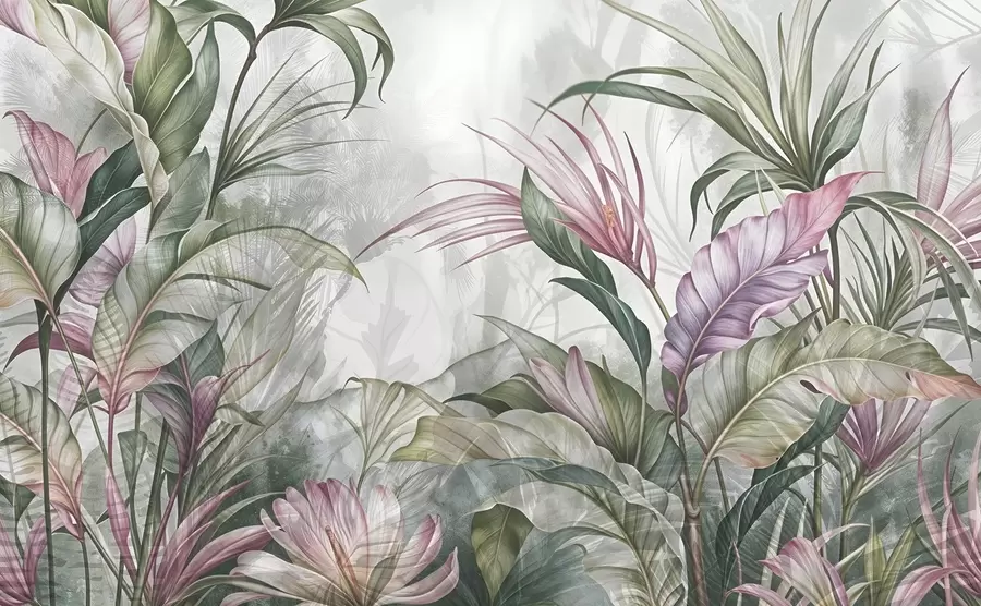 murais de parede Selva tropical com grandes folhas verdes e flores de protea cor-de-rosa com fundo texturado esbatido w08375