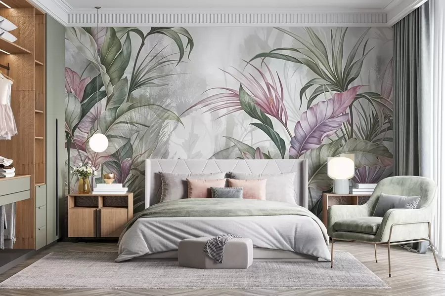 murais de parede Selva tropical com grandes folhas verdes e flores de protea cor-de-rosa com fundo texturado esbatido w08375