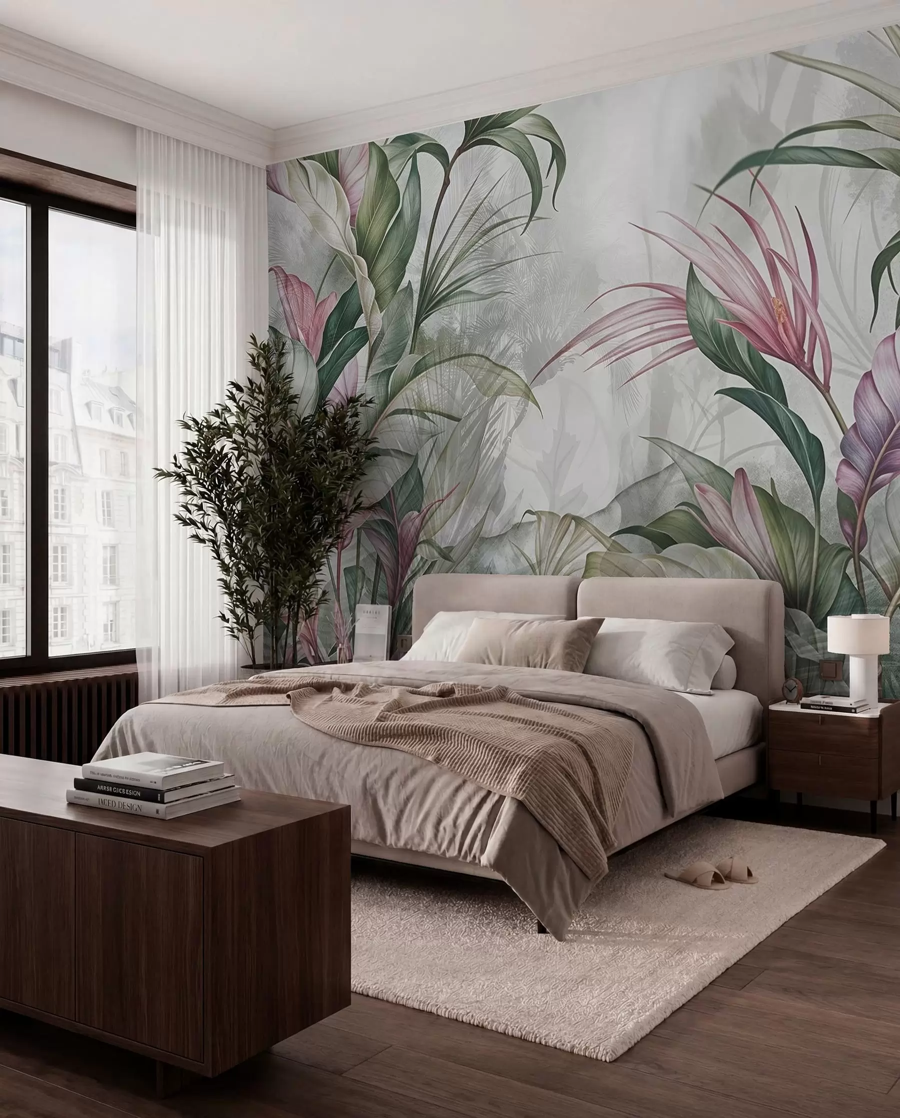 murais de parede Folhagem rosa e verde w08375