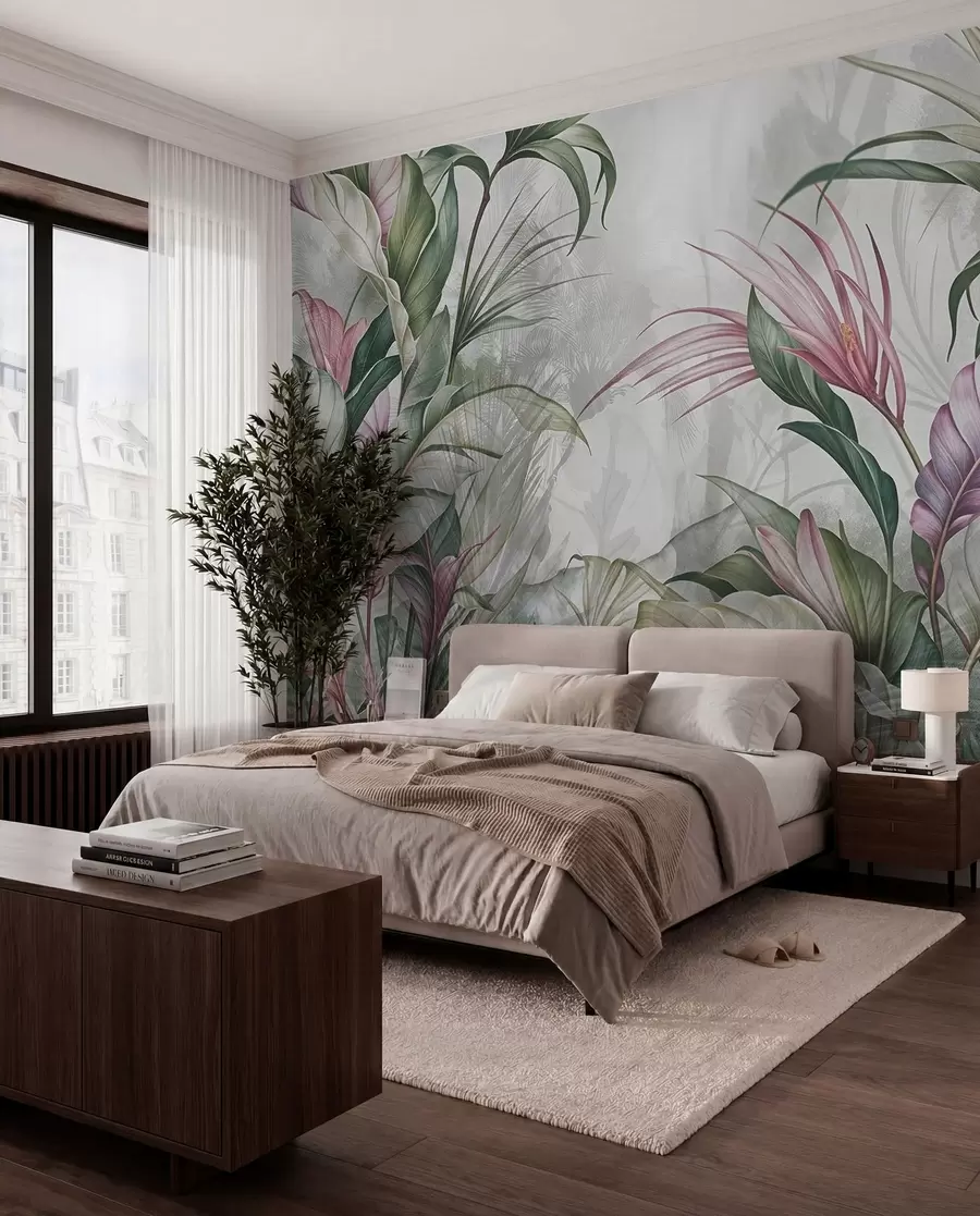 murais de parede Selva tropical com grandes folhas verdes e flores de protea cor-de-rosa com fundo texturado esbatido w08375