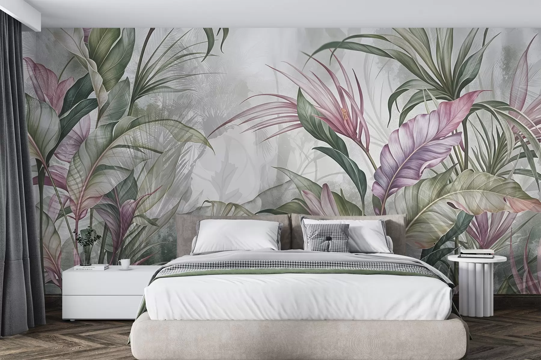 murais de parede Selva tropical com grandes folhas verdes e flores de protea cor-de-rosa com fundo texturado esbatido w08375