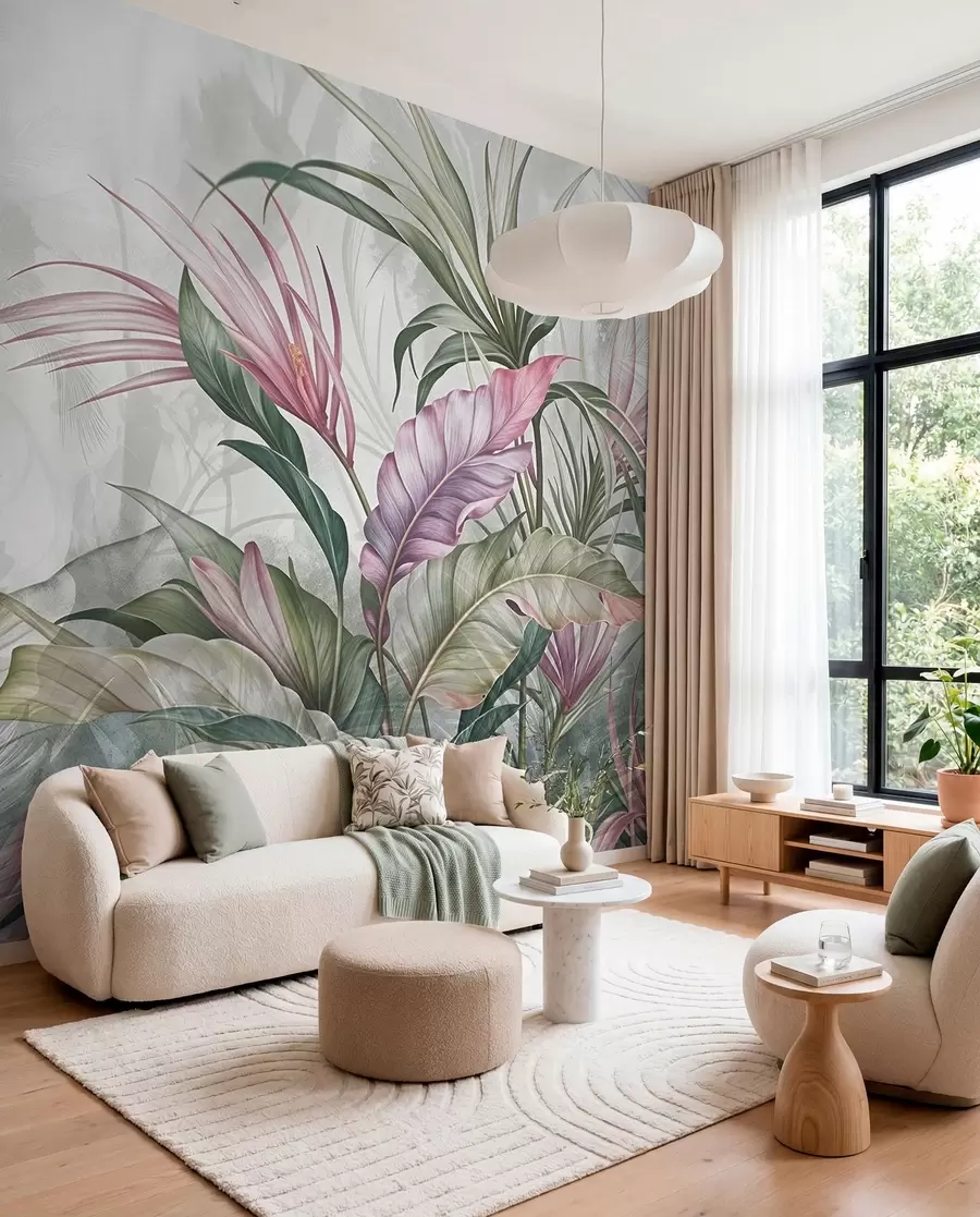 murais de parede Selva tropical com grandes folhas verdes e flores de protea cor-de-rosa com fundo texturado esbatido w08375