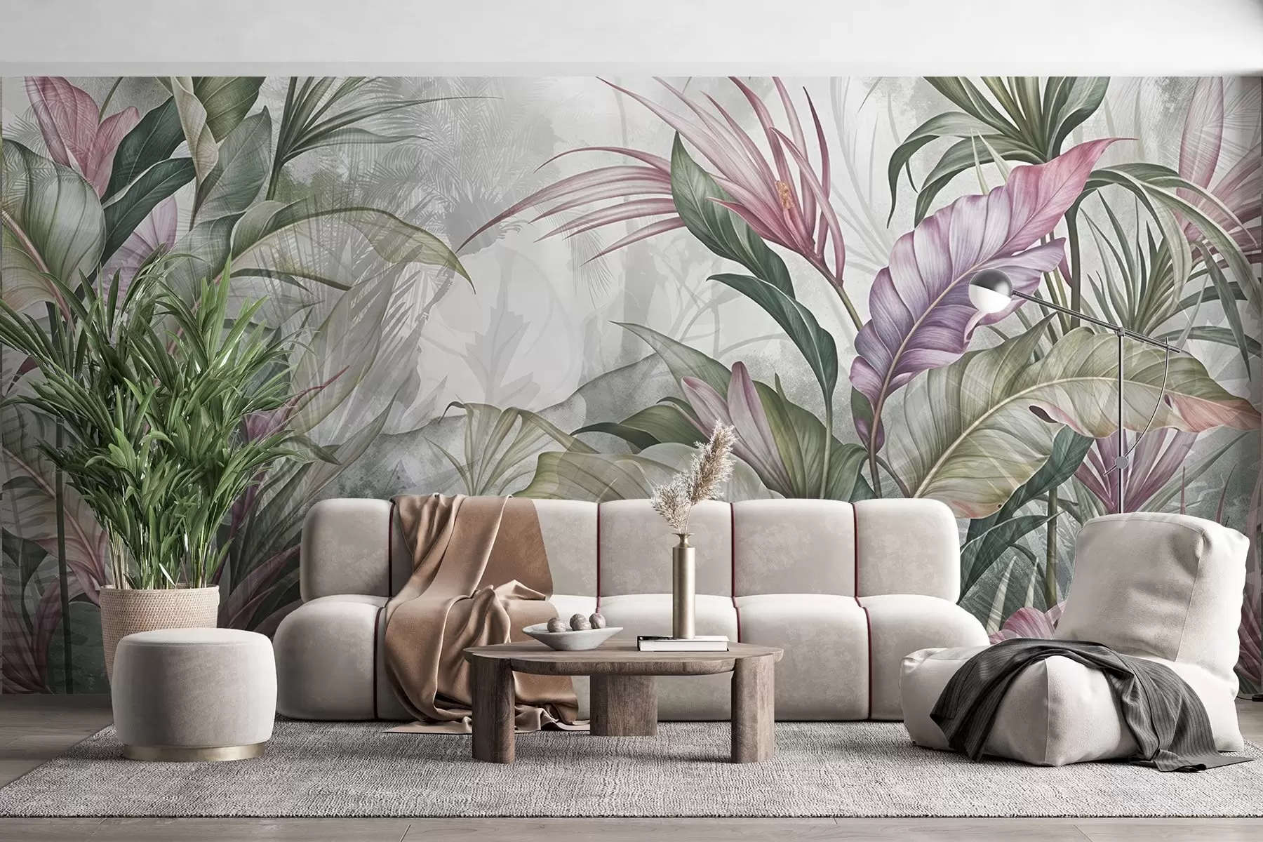 murais de parede Selva tropical com grandes folhas verdes e flores de protea cor-de-rosa com fundo texturado esbatido w08375
