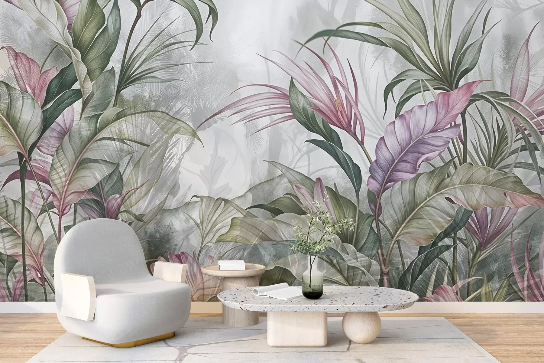 murais de parede Selva tropical com grandes folhas verdes e flores de protea cor-de-rosa com fundo texturado esbatido w08375