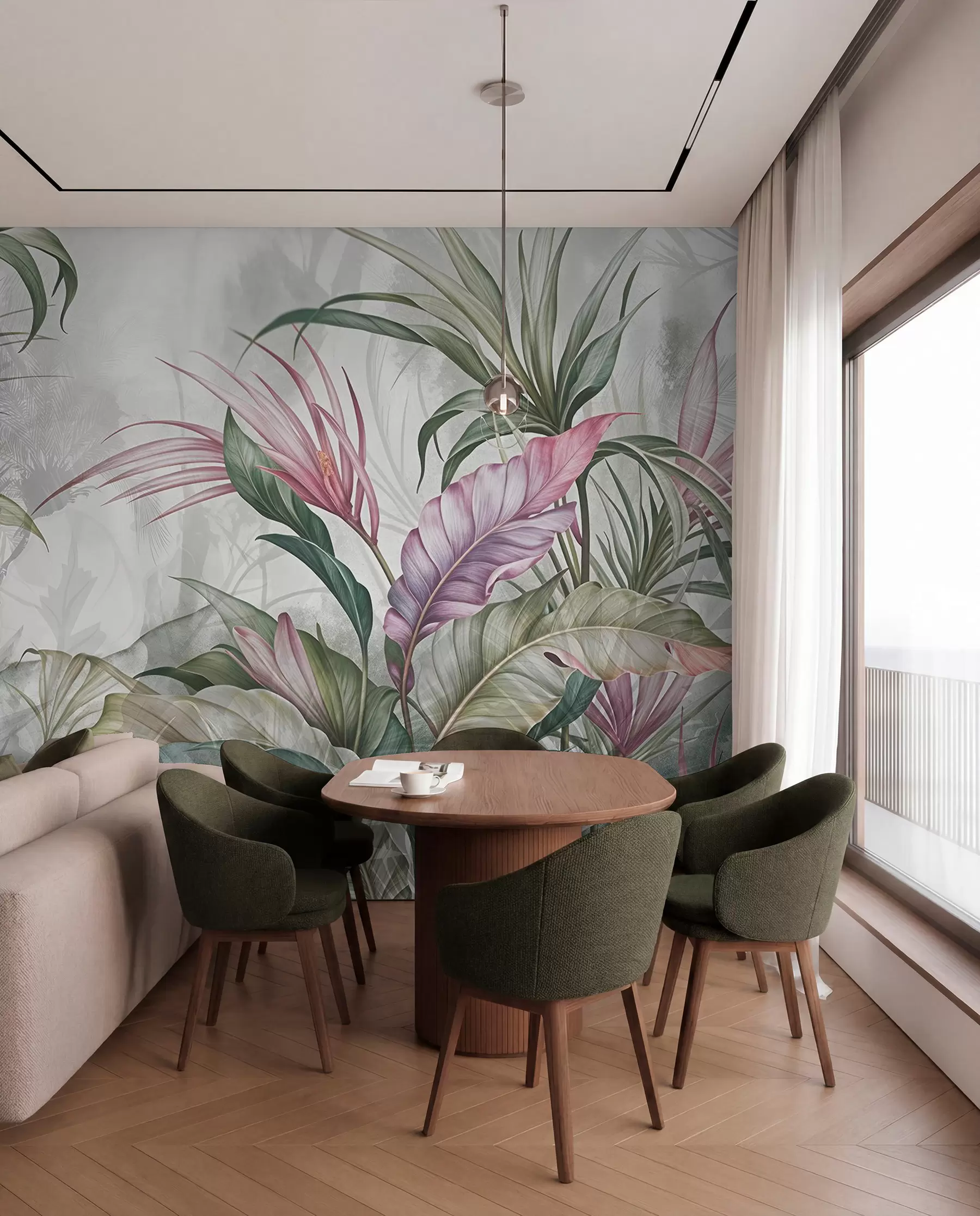 murais de parede Selva tropical com grandes folhas verdes e flores de protea cor-de-rosa com fundo texturado esbatido w08375