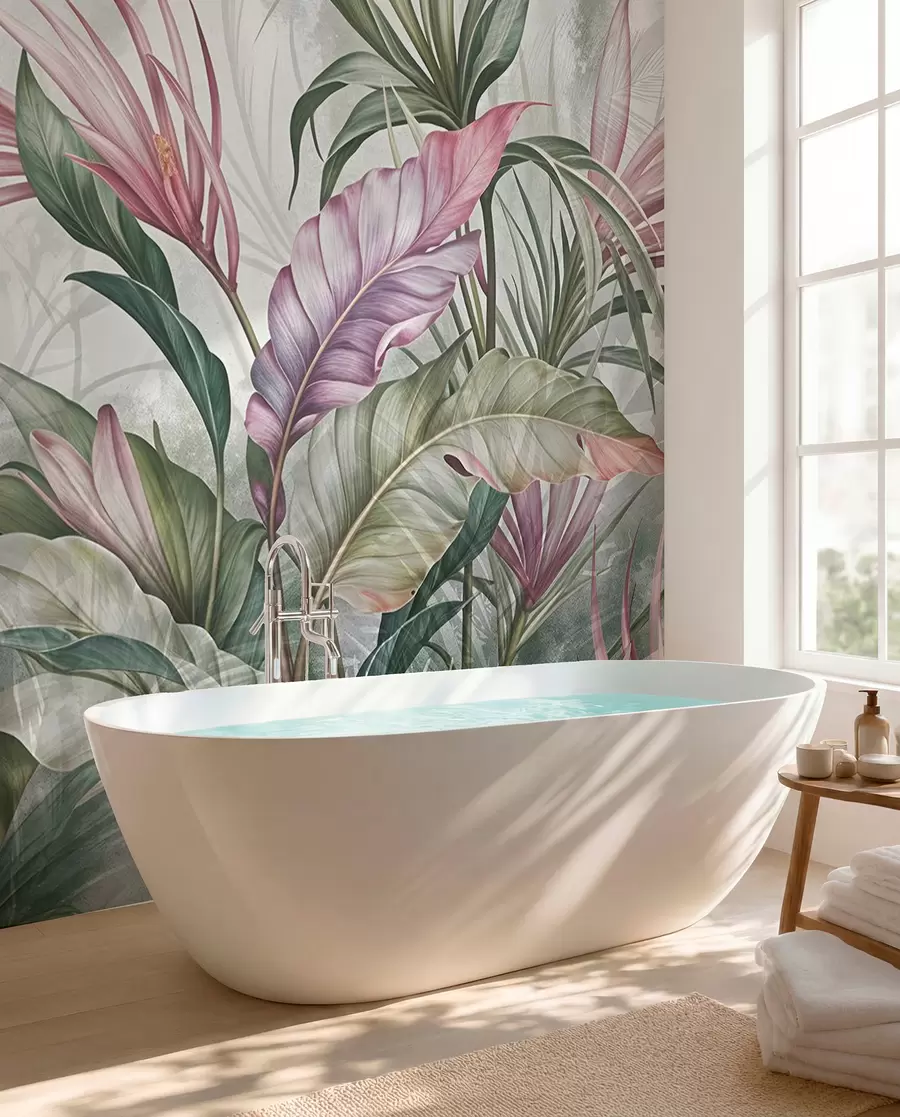 murais de parede Selva tropical com grandes folhas verdes e flores de protea cor-de-rosa com fundo texturado esbatido w08375