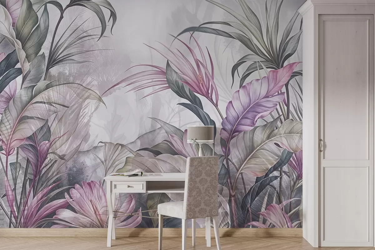 murais de parede Selva tropical com grandes folhas verdes e flores de protea cor-de-rosa com fundo texturado esbatido w08375v1