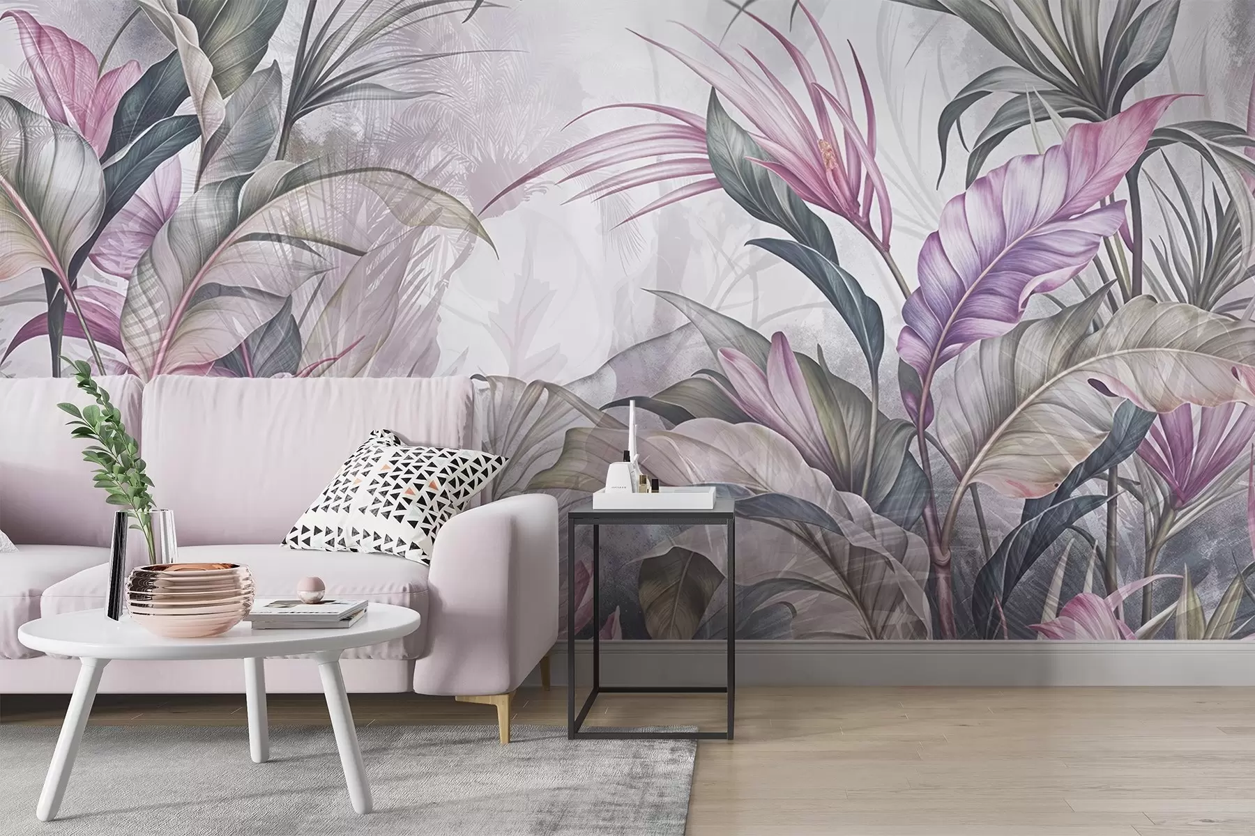 murais de parede Selva tropical com grandes folhas verdes e flores de protea cor-de-rosa com fundo texturado esbatido w08375v1