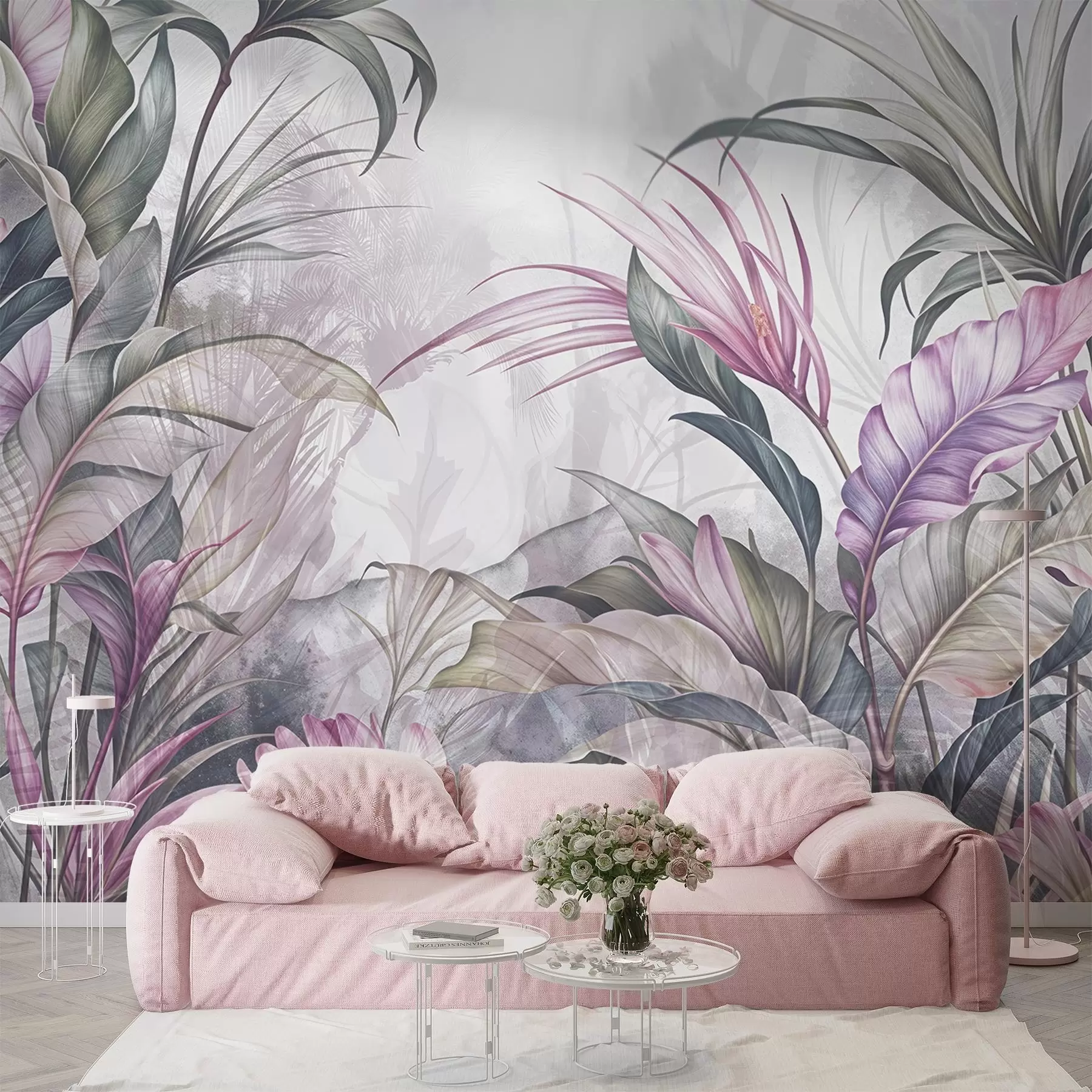 murais de parede Selva tropical com grandes folhas verdes e flores de protea cor-de-rosa com fundo texturado esbatido w08375v1