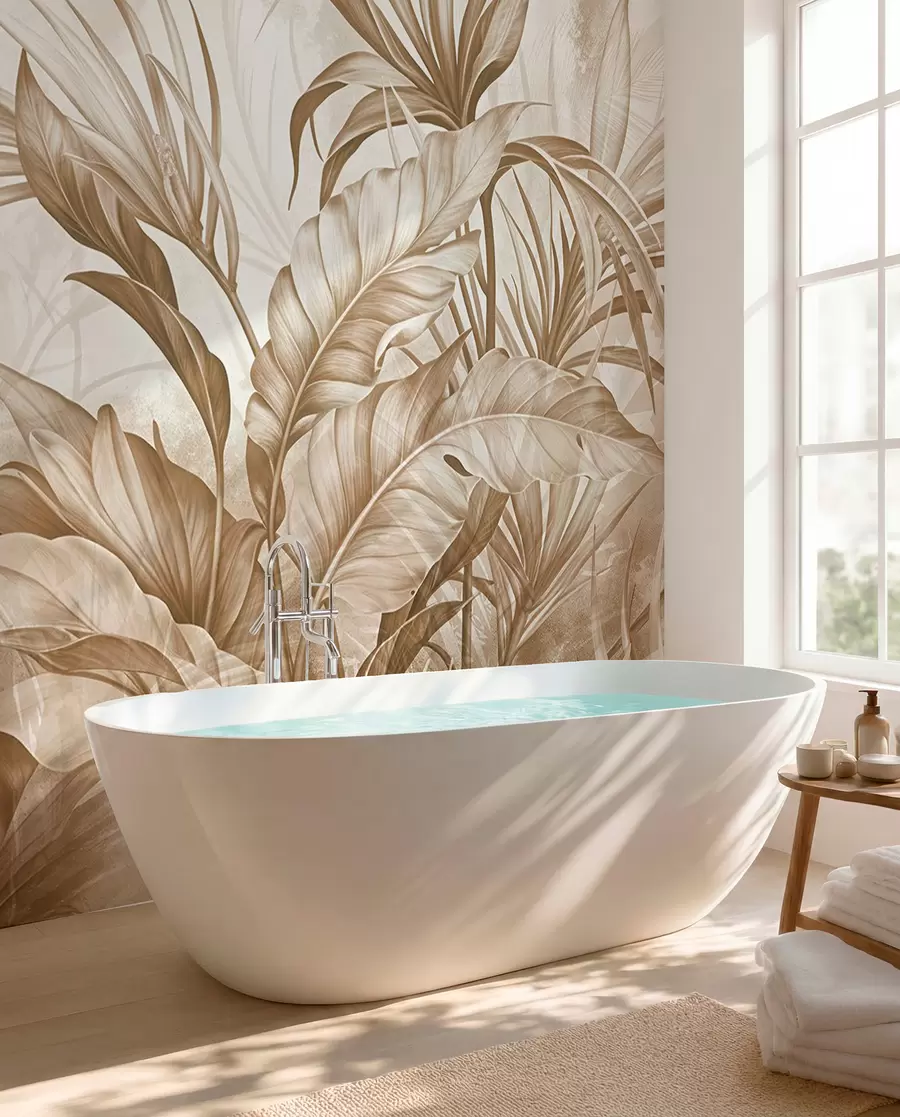 murais de parede Selva tropical com grandes flores de protea castanhas e bege com fundo texturado esbatido w08375v2