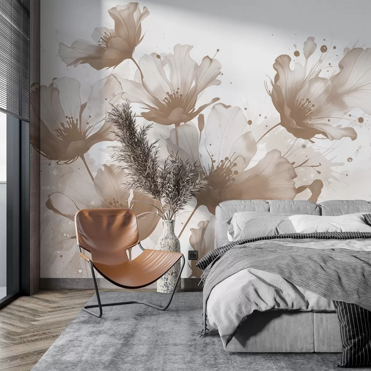 murais de parede Delicadas flores castanhas com pétalas suaves e esbatidas e salpicos de aguarela sobre um fundo claro w08376v1