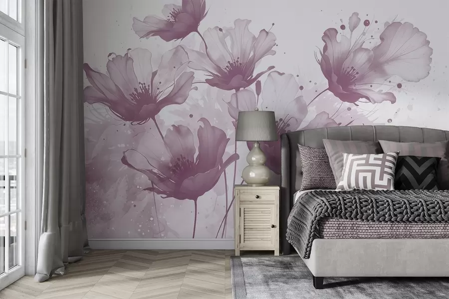 murais de parede Delicadas flores cor-de-rosa com pétalas suaves e esbatidas e salpicos de aguarela sobre um fundo claro w08376v2