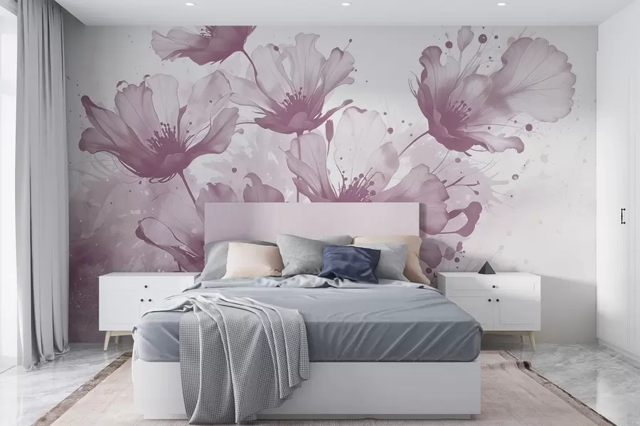 murais de parede Delicadas flores cor-de-rosa com pétalas suaves e esbatidas e salpicos de aguarela sobre um fundo claro w08376v2