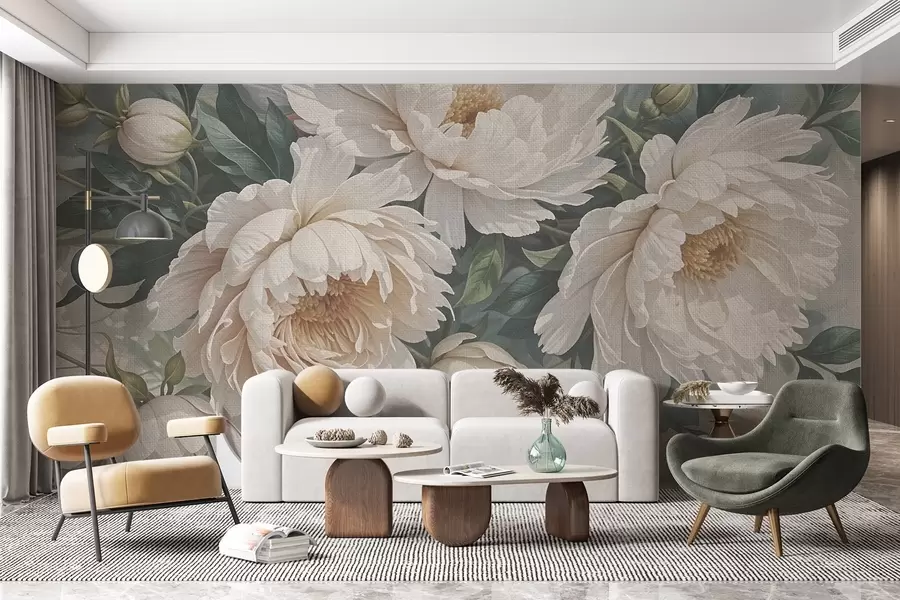 murais de parede Flores grandes de peónia branca com textura e folhas verdes, um arranjo floral exuberante e romântico w08377