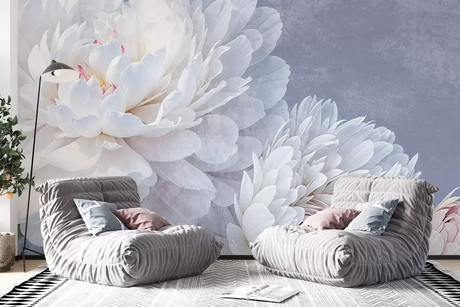 murais de parede Flores de peónia brancas pormenorizadas com pétalas suaves e delicadas sobre um fundo texturado azul pastel claro w08379