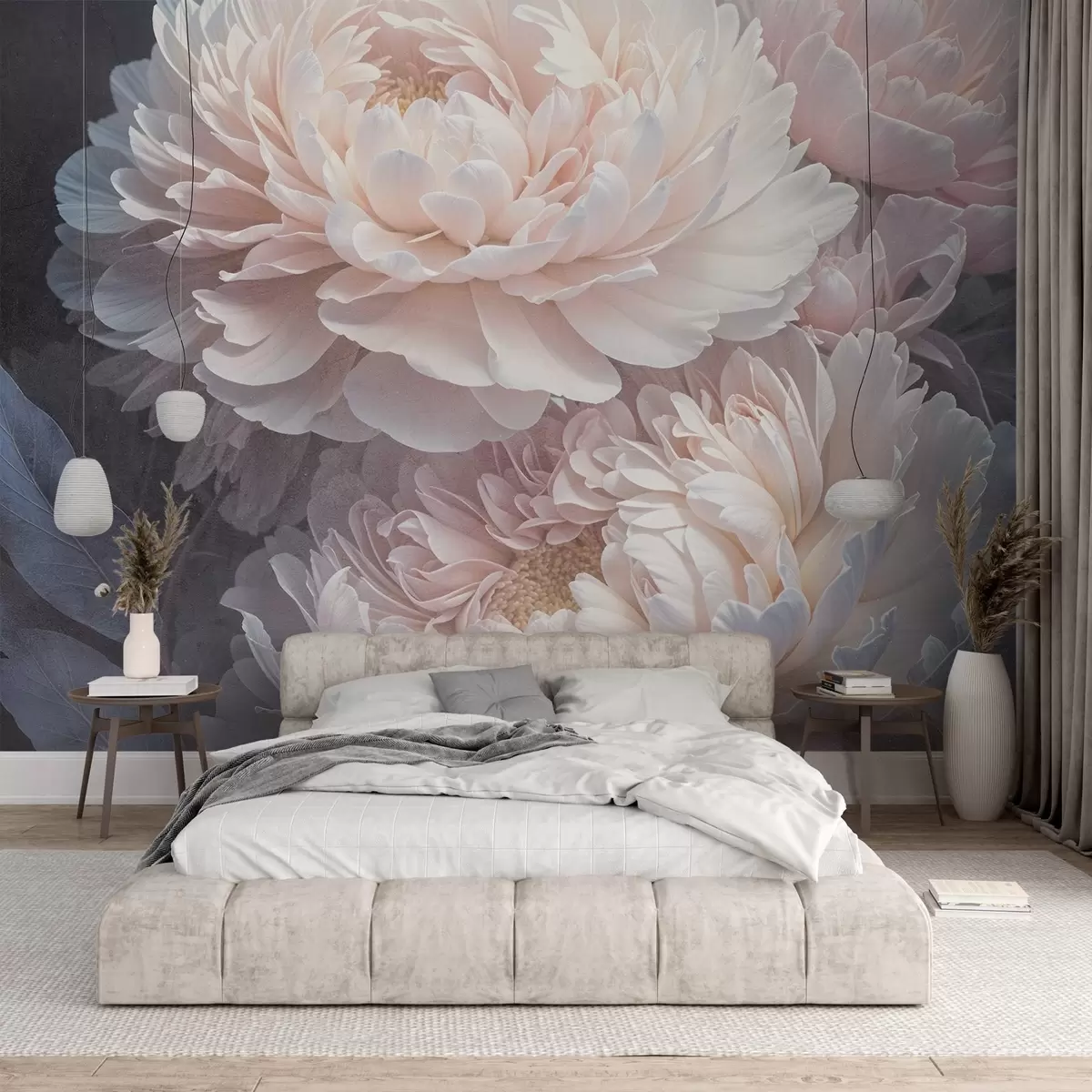 murais de parede Grande plano de duas grandes e delicadas peónias cor-de-rosa com pétalas e folhas macias e fofas contra um fundo desfocado w08382