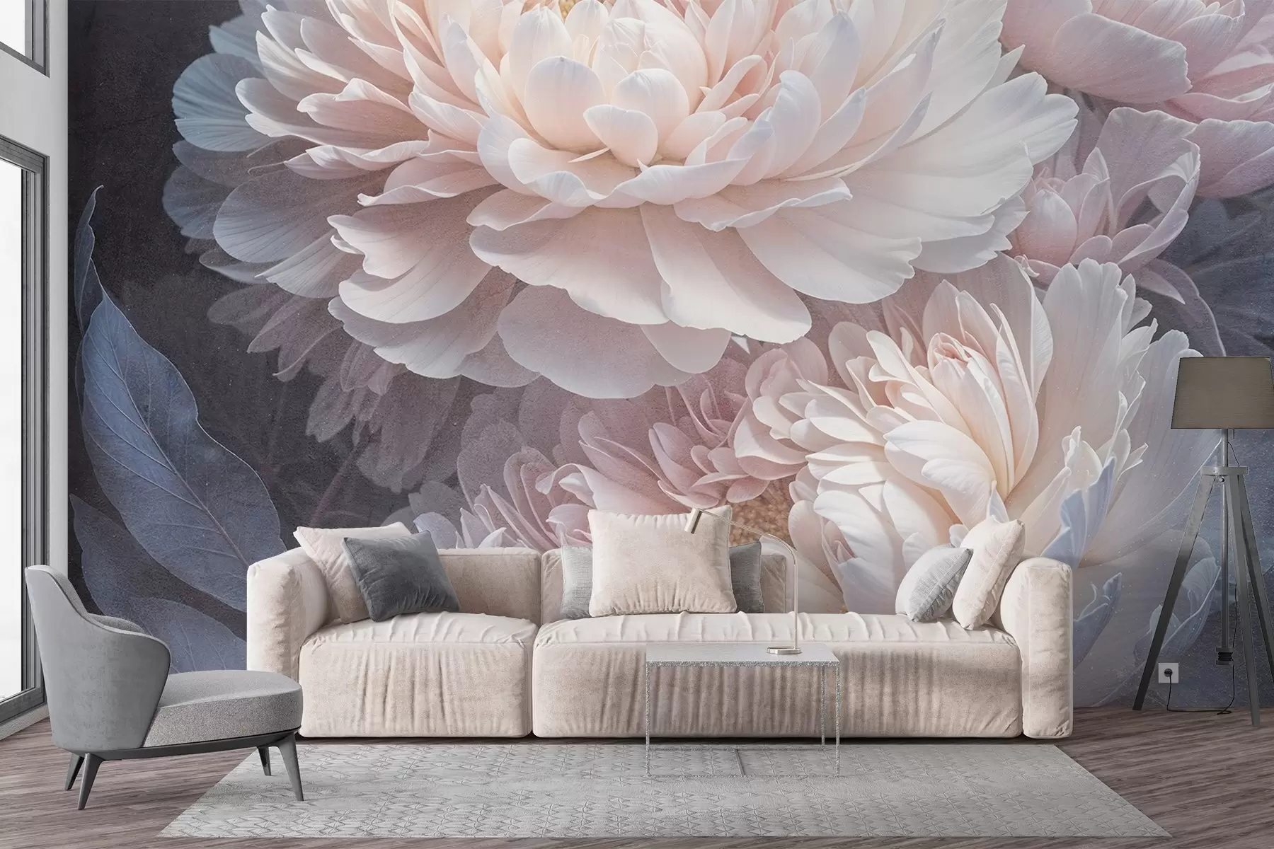 murais de parede Grande plano de duas grandes e delicadas peónias cor-de-rosa com pétalas e folhas macias e fofas contra um fundo desfocado w08382