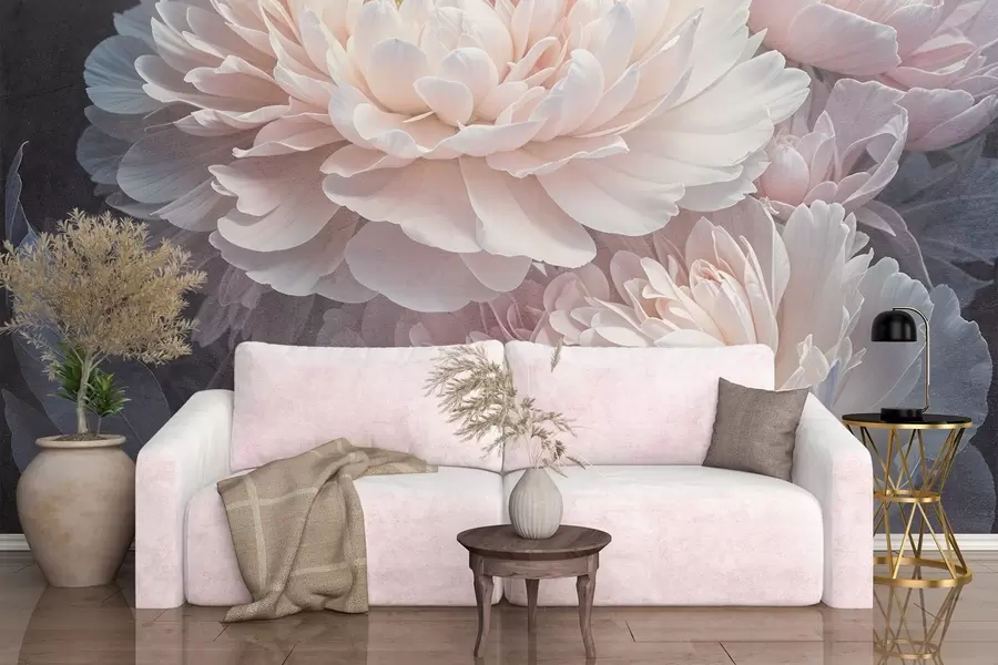 murais de parede Grande plano de duas grandes e delicadas peónias cor-de-rosa com pétalas e folhas macias e fofas contra um fundo desfocado w08382