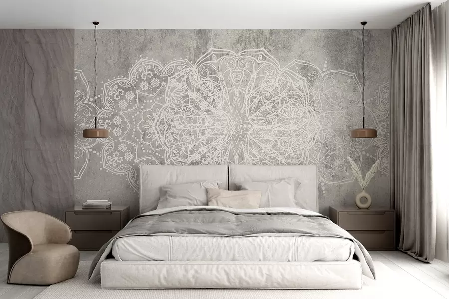 murais de parede Um padrão de mandala de renda branca intrincado e detalhado num fundo de parede cinzento texturizado w08387
