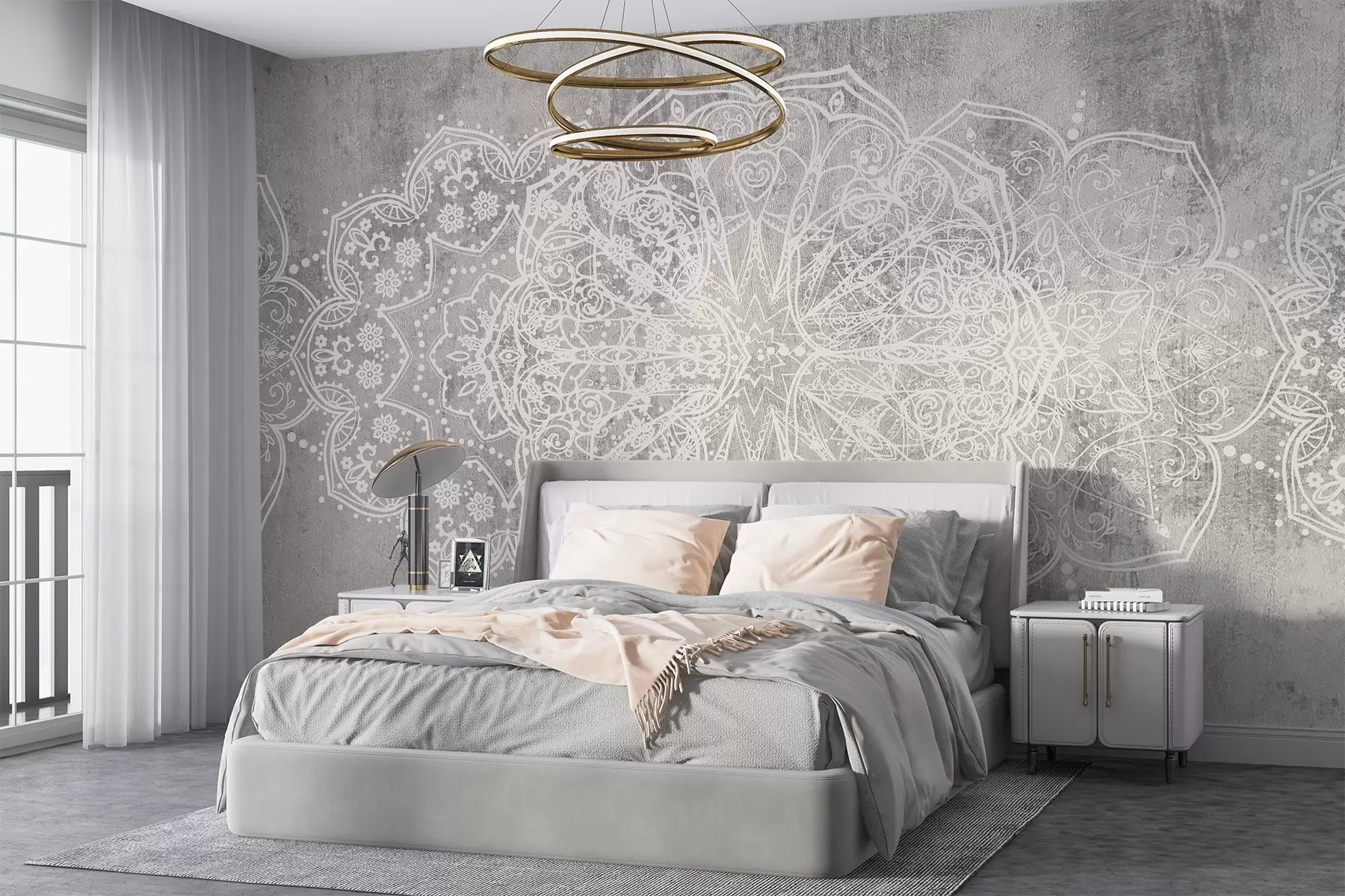 murais de parede Um padrão de mandala de renda branca intrincado e detalhado num fundo de parede cinzento texturizado w08387