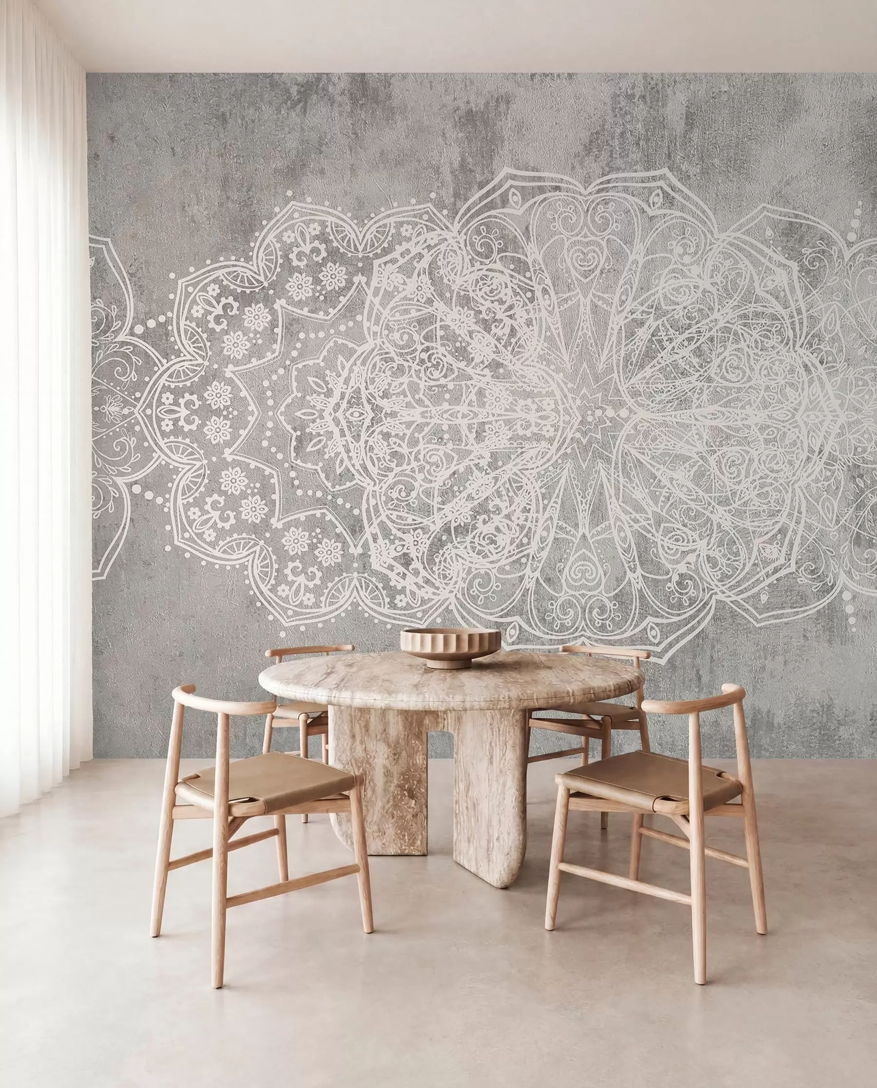 murais de parede Um padrão de mandala de renda branca intrincado e detalhado num fundo de parede cinzento texturizado w08387