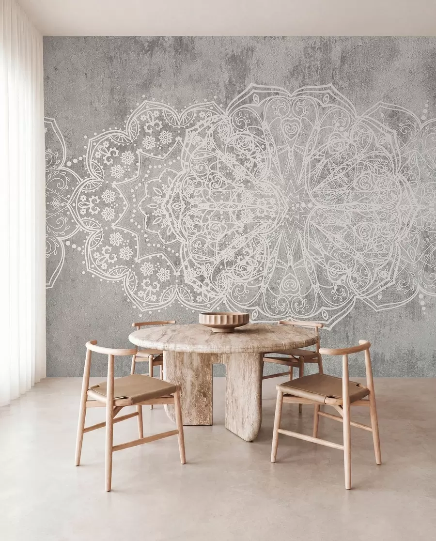 murais de parede Um padrão de mandala de renda branca intrincado e detalhado num fundo de parede cinzento texturizado w08387