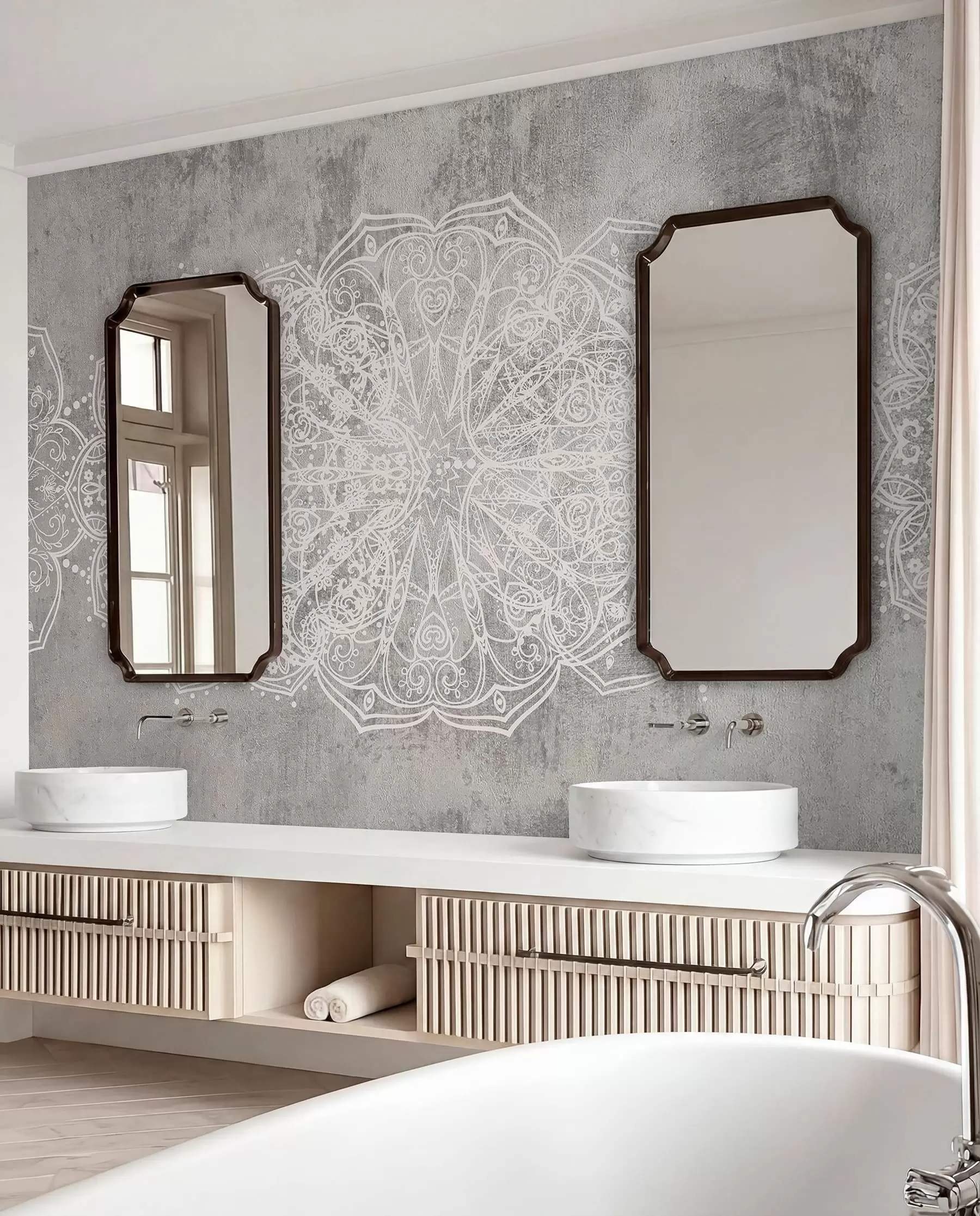 murais de parede Um padrão de mandala de renda branca intrincado e detalhado num fundo de parede cinzento texturizado w08387