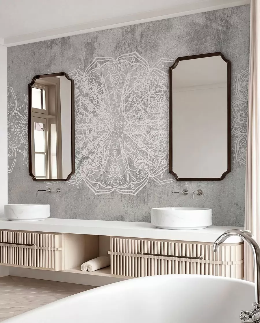 murais de parede Um padrão de mandala de renda branca intrincado e detalhado num fundo de parede cinzento texturizado w08387