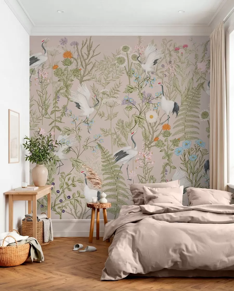murais de parede Guindastes elegantes entre flores vibrantes w00380