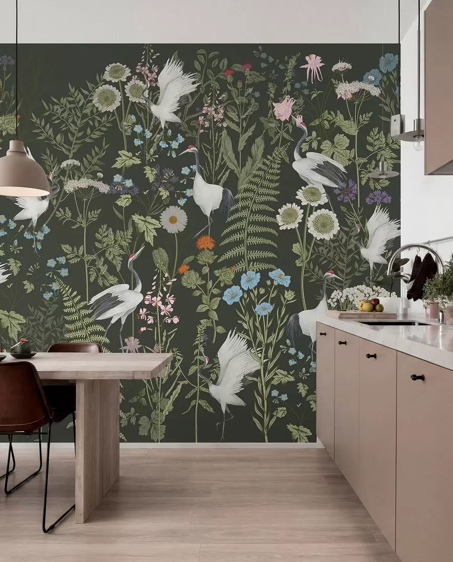 murais de parede Grous a dançar entre flores vibrantes w00380v2