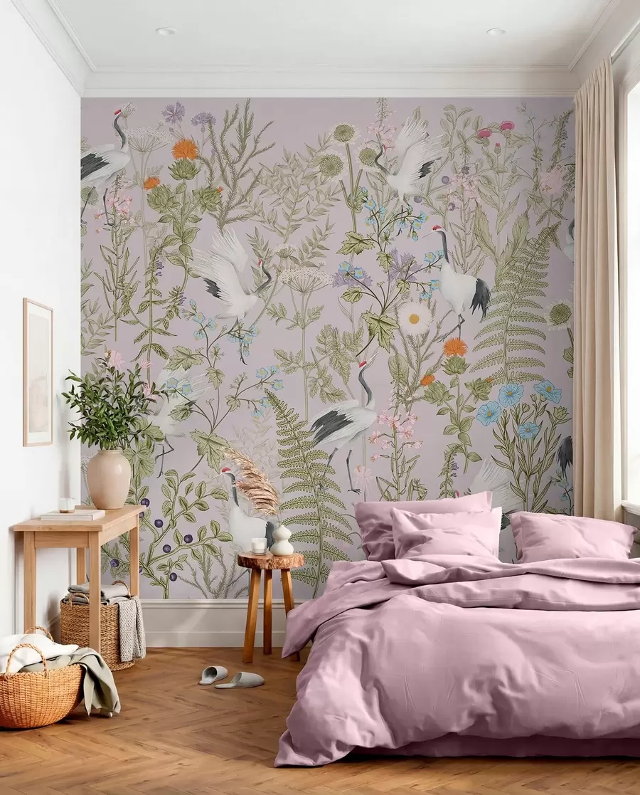 murais de parede Guindastes elegantes no meio de flores vibrantes w00380v3