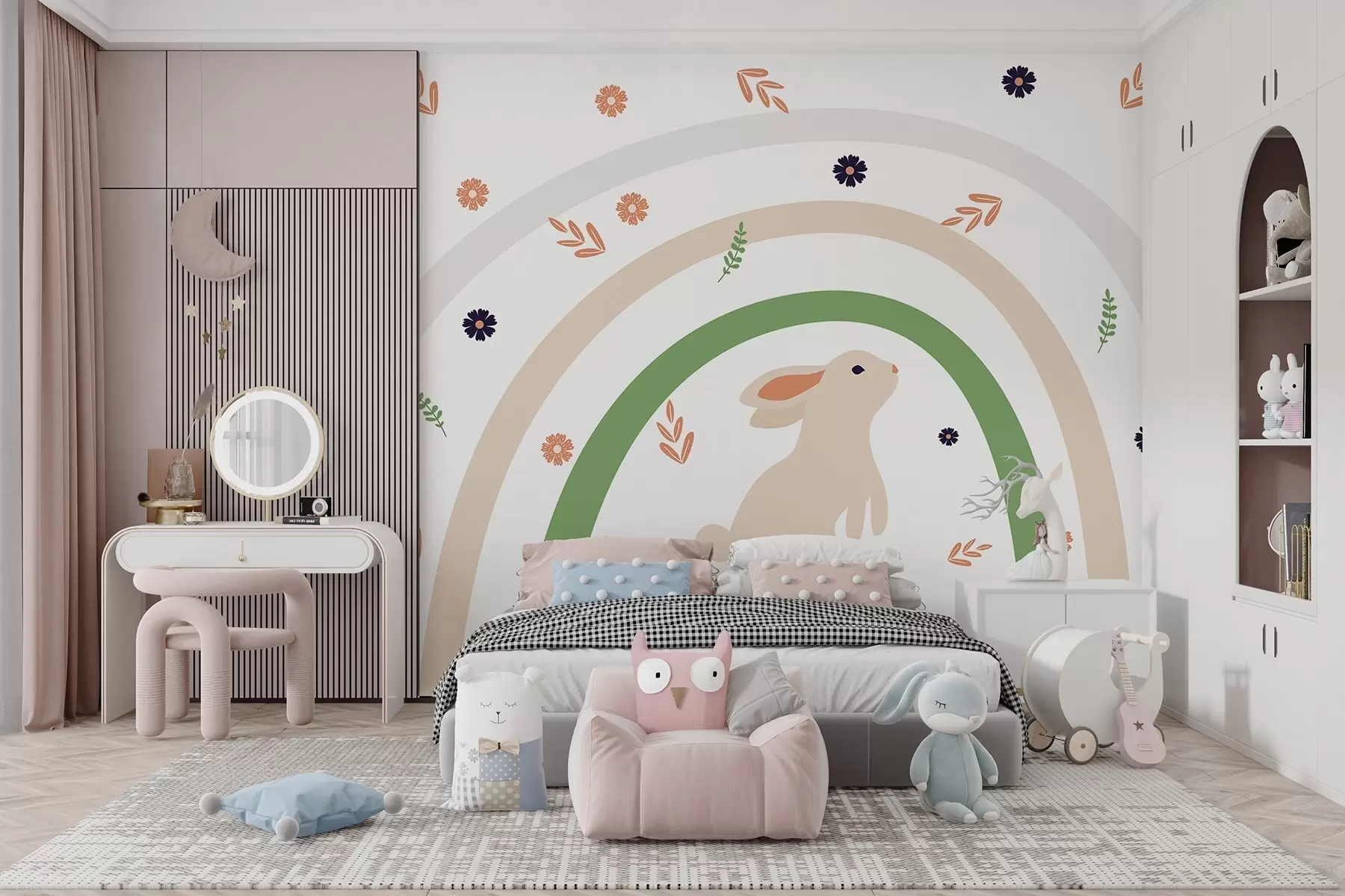 murais de parede Coelho curioso debaixo de um arco colorido w00485v1