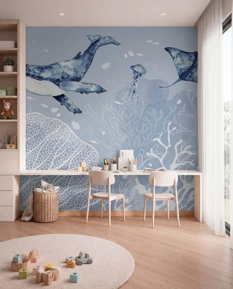 murais de parede Baleia sobre coral branco w00848