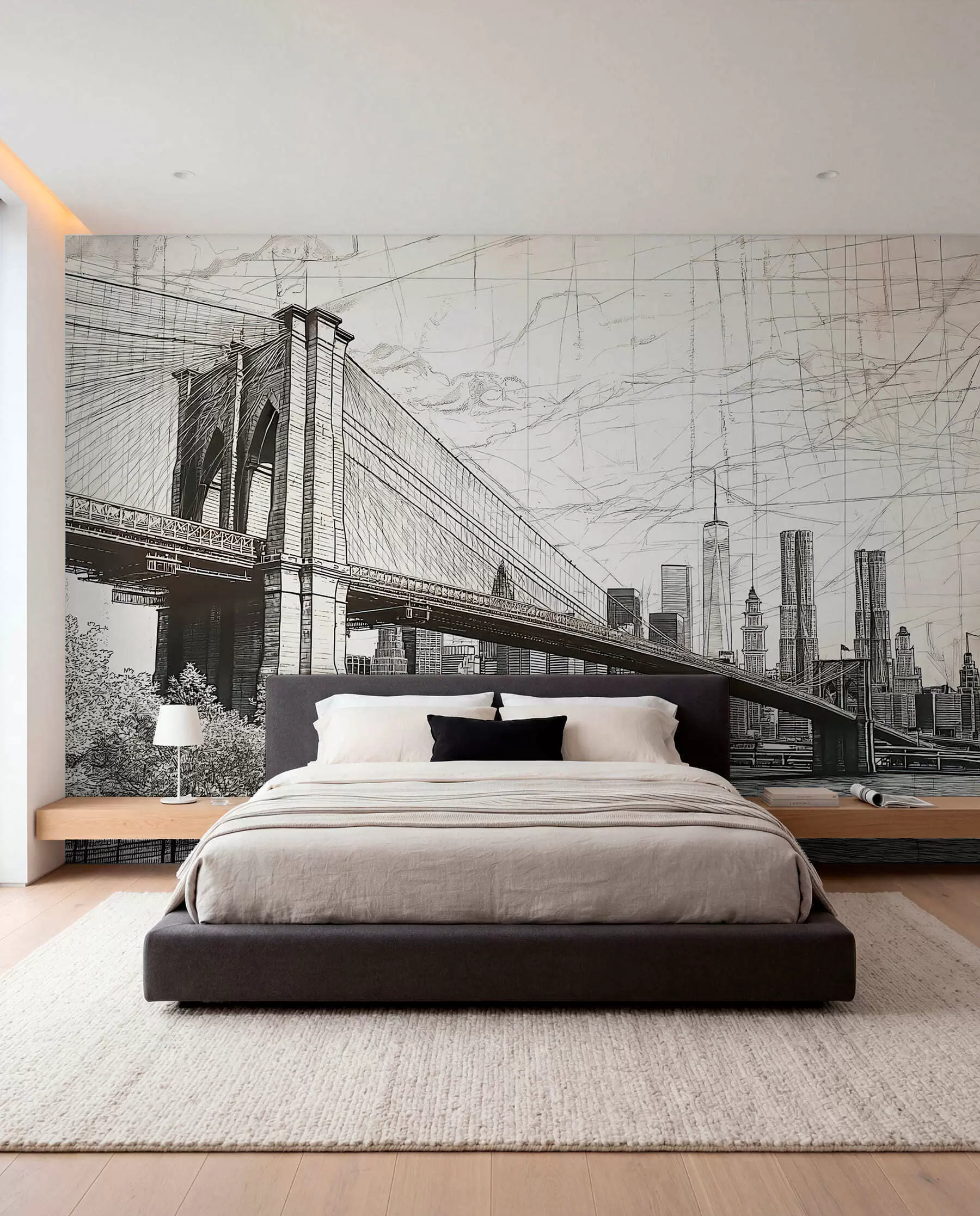 murais de parede Panorama da ponte de Brooklyn realizado numa técnica retro de esboço com linhas e riscos w01961