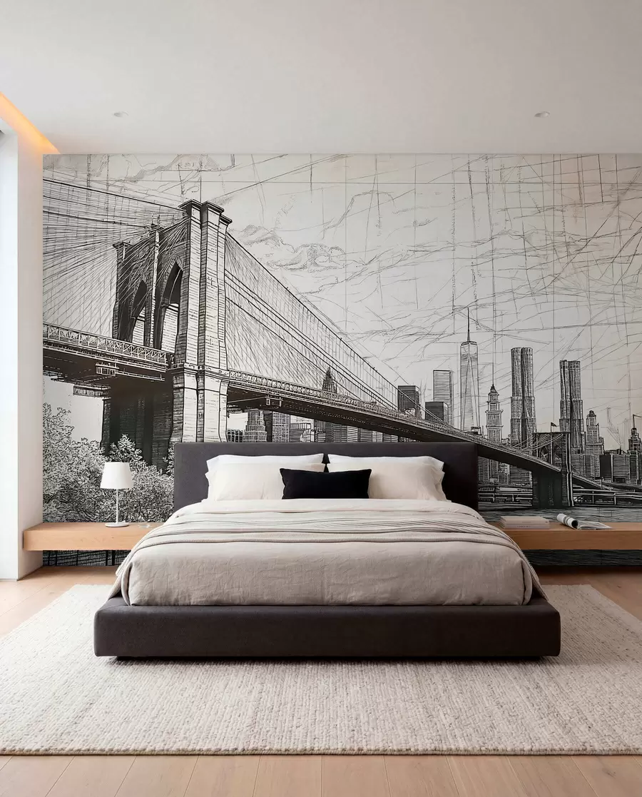 murais de parede Panorama da ponte de Brooklyn realizado numa técnica retro de esboço com linhas e riscos w01961