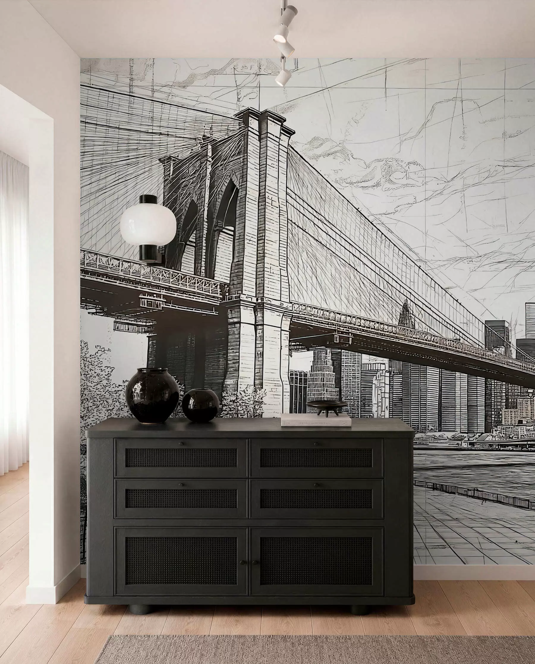 murais de parede Panorama da ponte de Brooklyn realizado numa técnica retro de esboço com linhas e riscos w01961