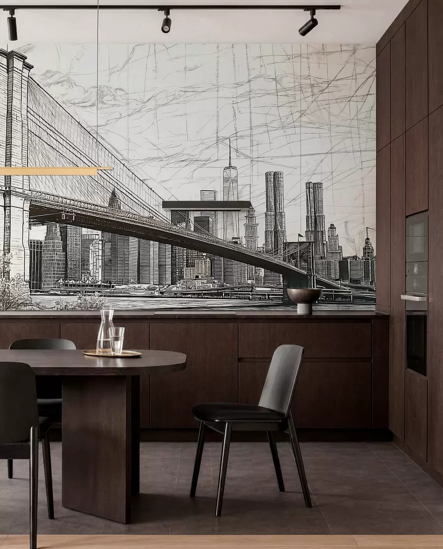 murais de parede Panorama da ponte de Brooklyn realizado numa técnica retro de esboço com linhas e riscos w01961