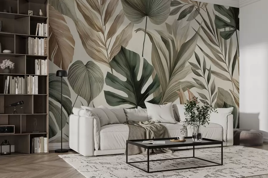 murais de parede Grandes folhas tropicais em tons pastel delicados e contidos w02082