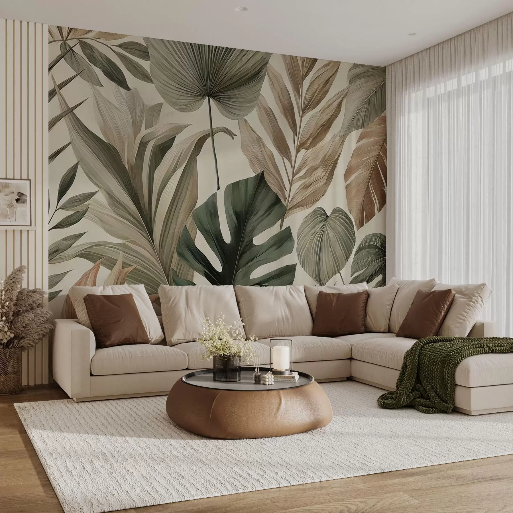 murais de parede Grandes folhas tropicais em tons pastel delicados e contidos w02082