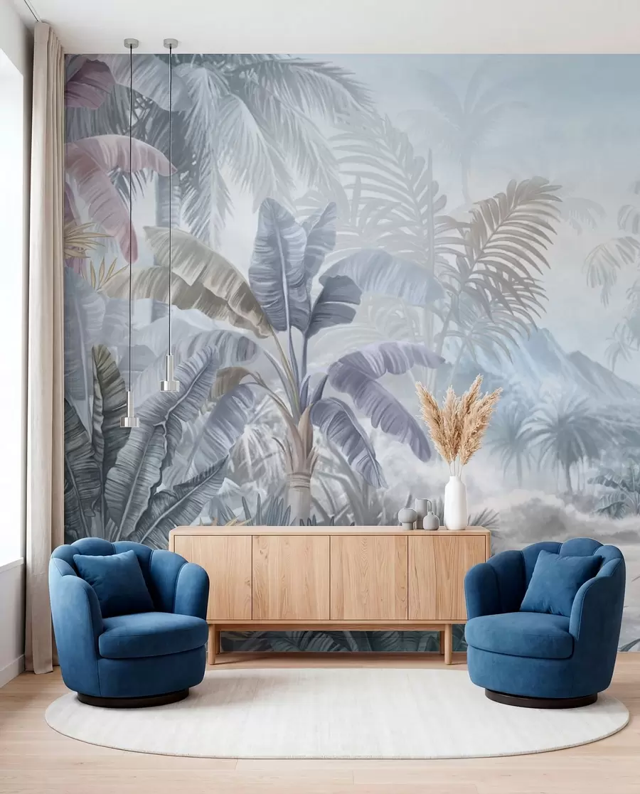 murais de parede Floresta tropical em tons azuis suaves w01931