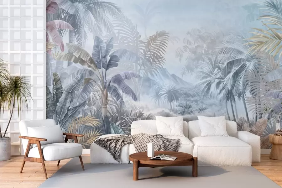 murais de parede Floresta tropical em tons azuis suaves w01931