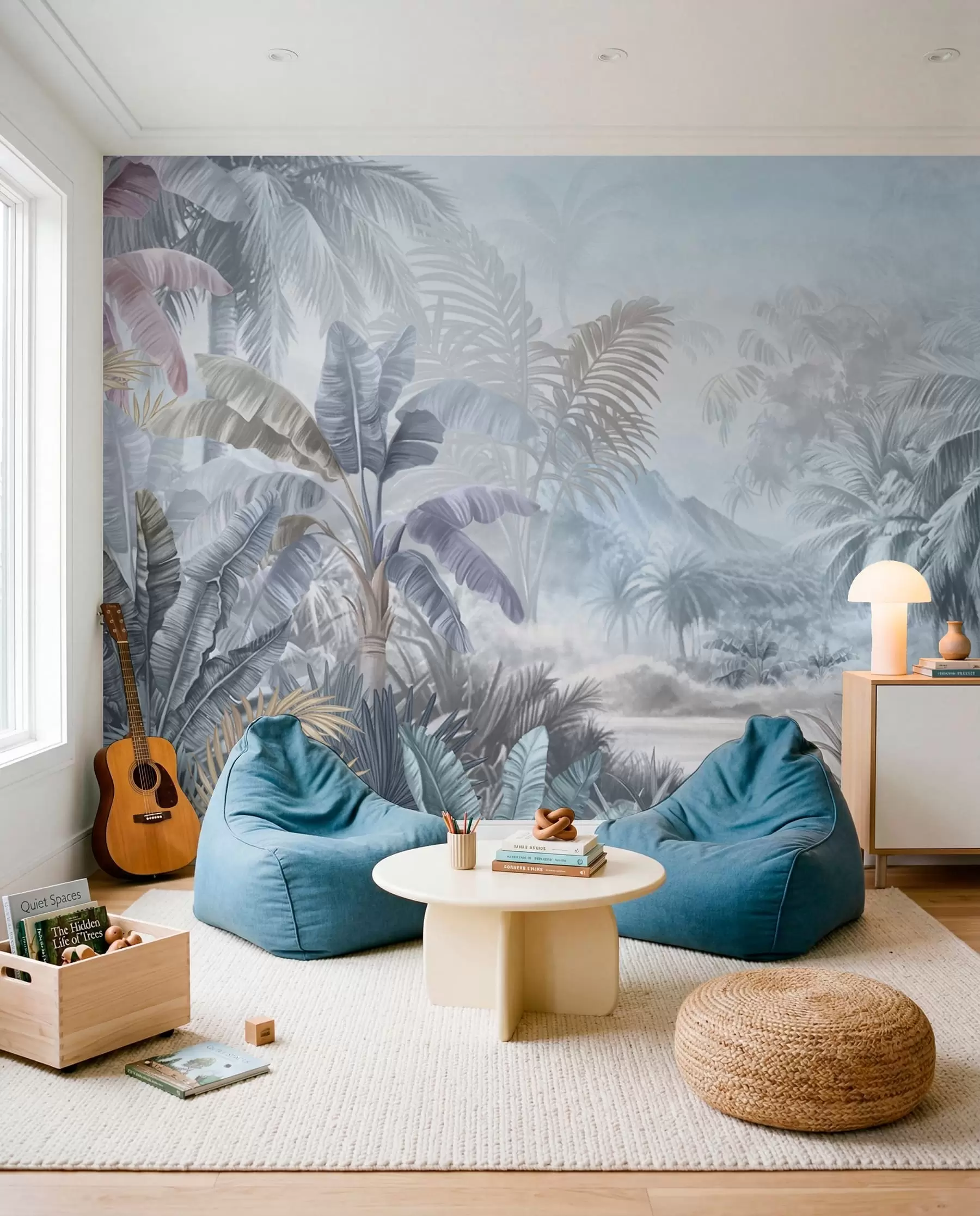 murais de parede Floresta tropical em tons azuis suaves w01931