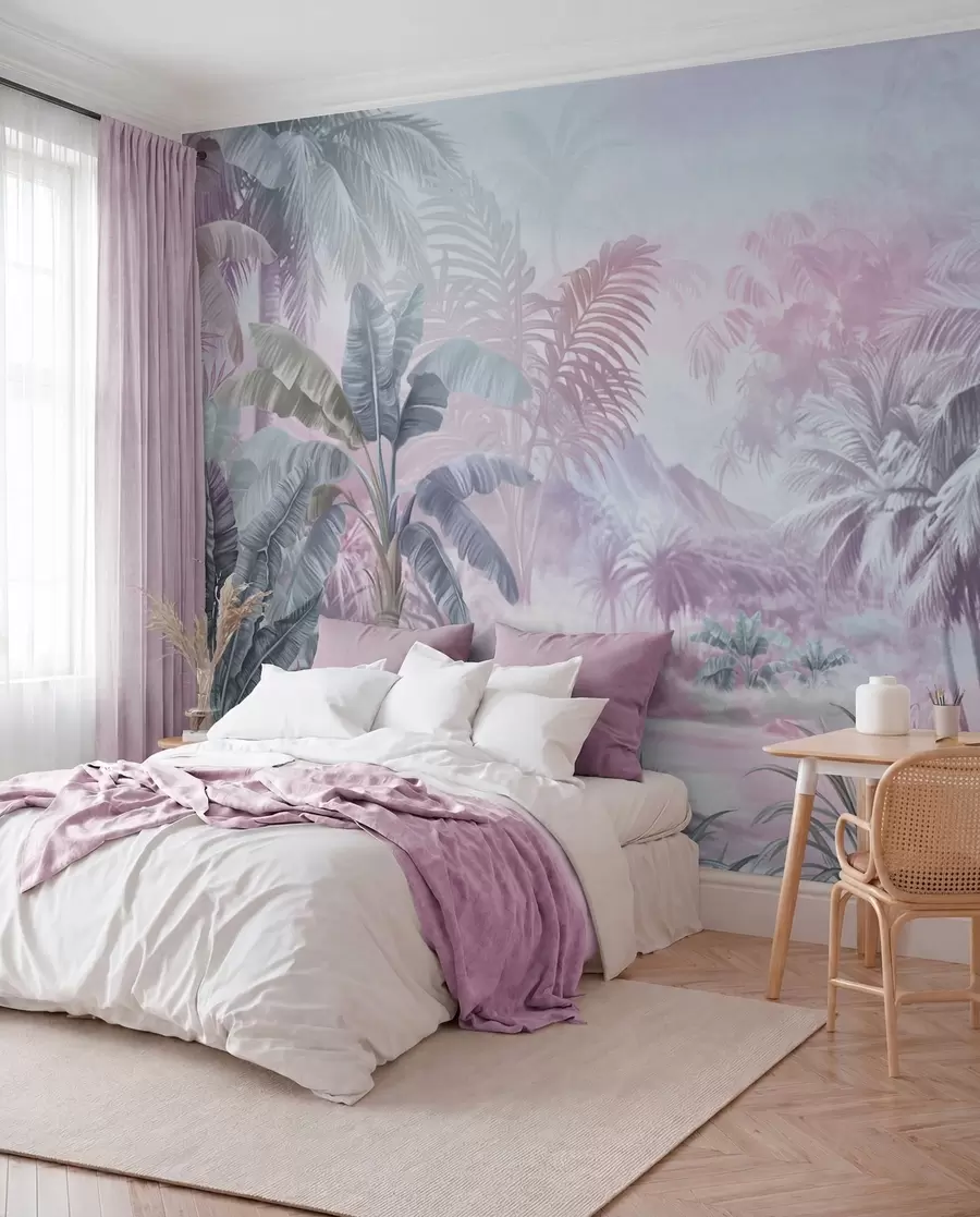 murais de parede Floresta tropical em tons suaves de azul e rosa w01931v2