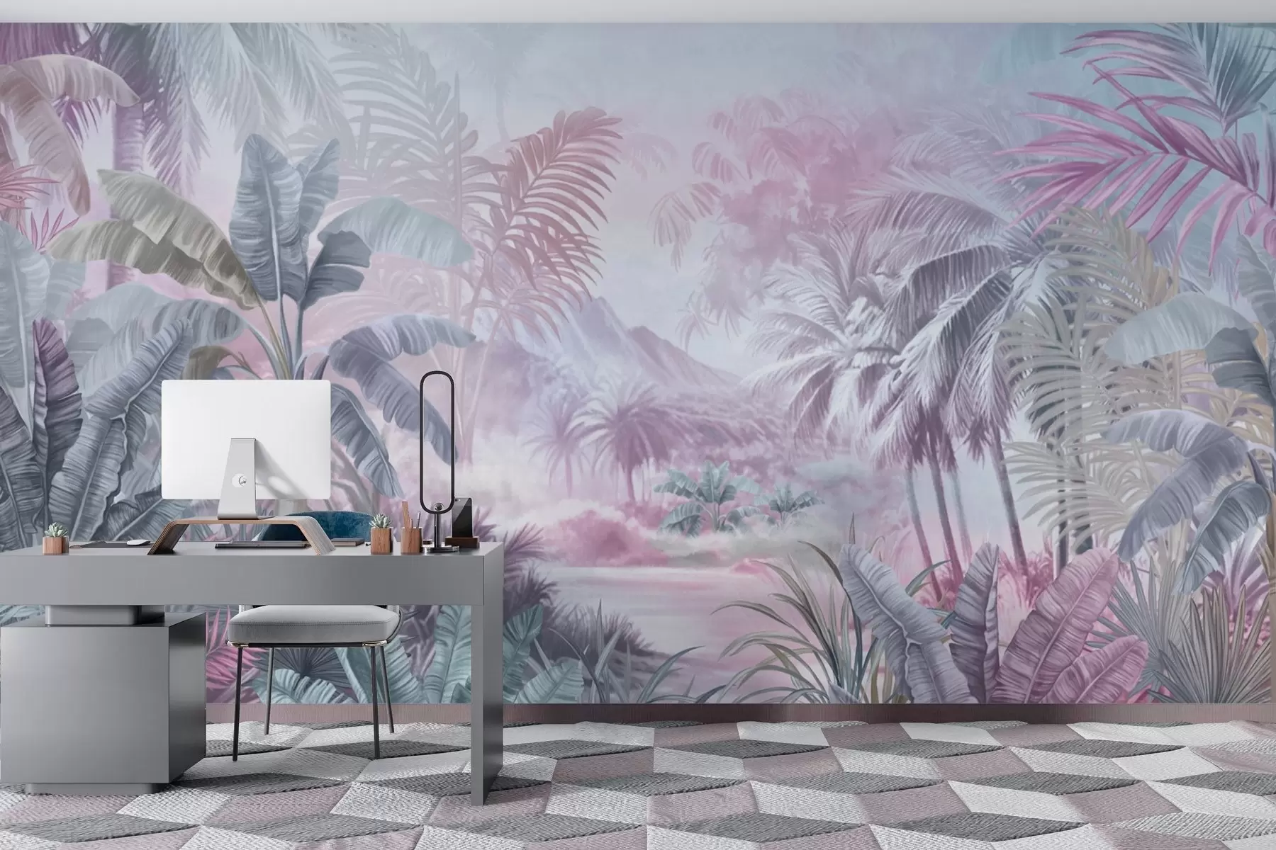 murais de parede Floresta tropical em tons suaves de azul e rosa w01931v2