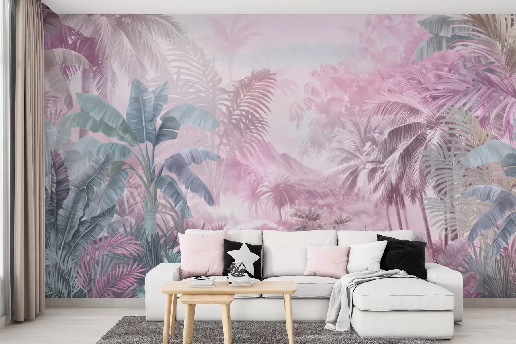 murais de parede Floresta tropical em tons de rosa suave w01931v3