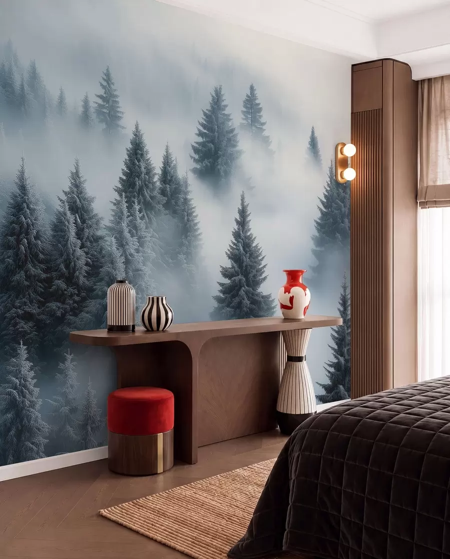 murais de parede Nevoeiro espesso que envolve uma floresta de neve matinal em tons de azul w02064