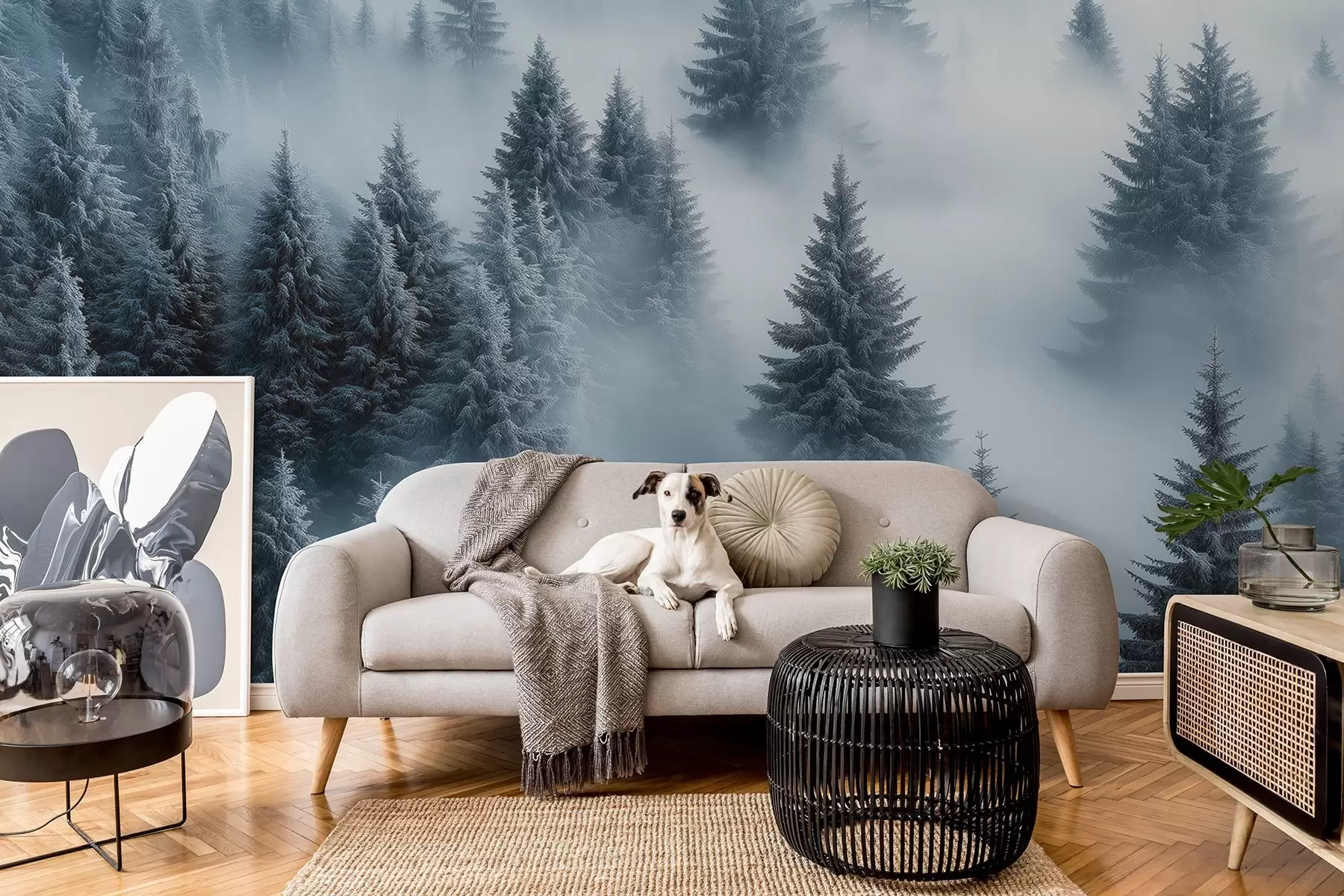 murais de parede Nevoeiro espesso que envolve uma floresta de neve matinal em tons de azul w02064