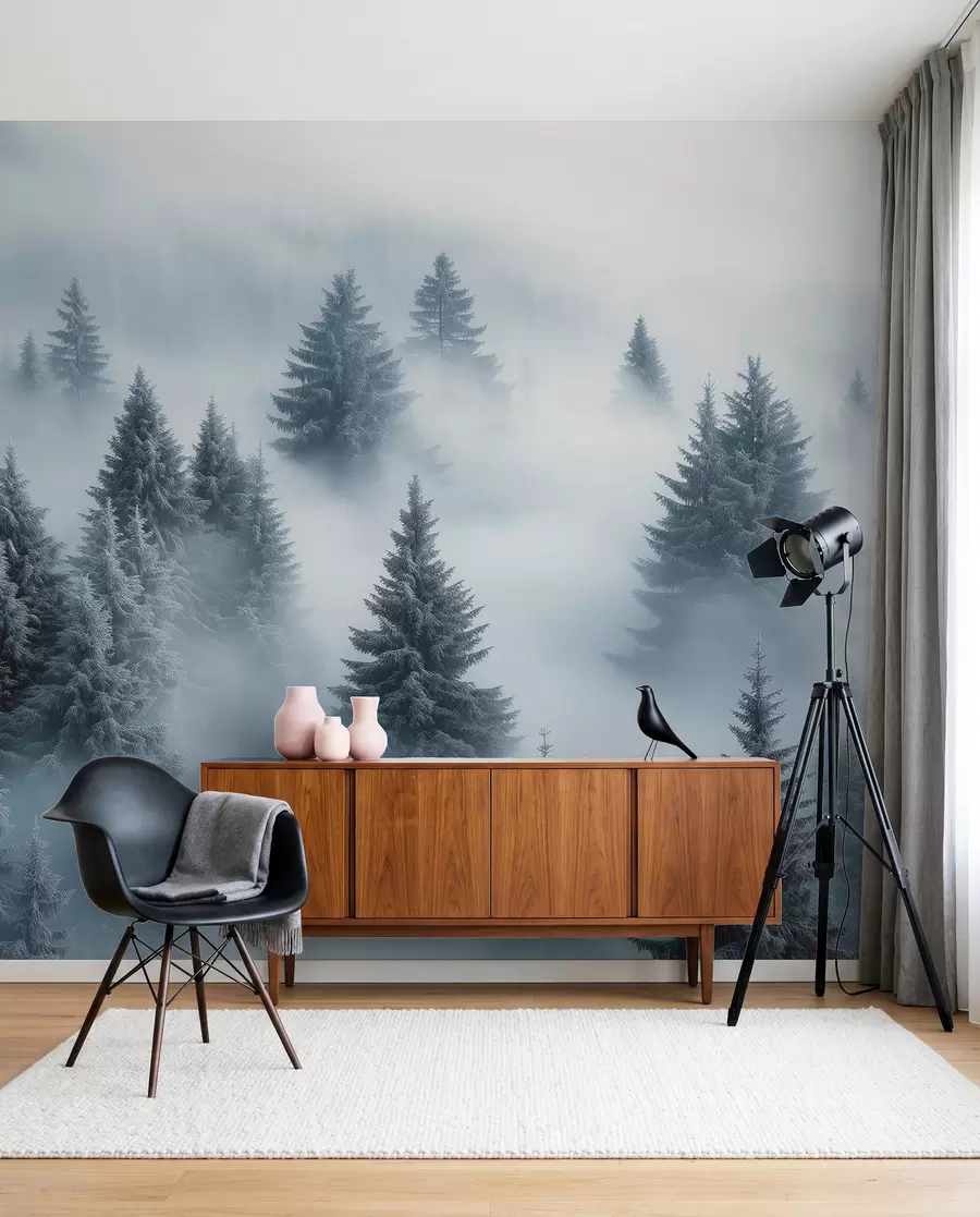 murais de parede Nevoeiro espesso que envolve uma floresta de neve matinal em tons de azul w02064