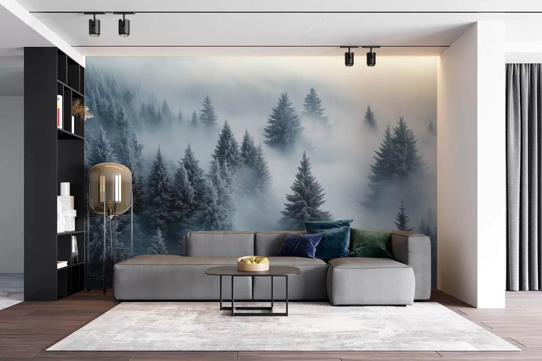 murais de parede Nevoeiro espesso que envolve uma floresta de neve matinal em tons de azul w02064