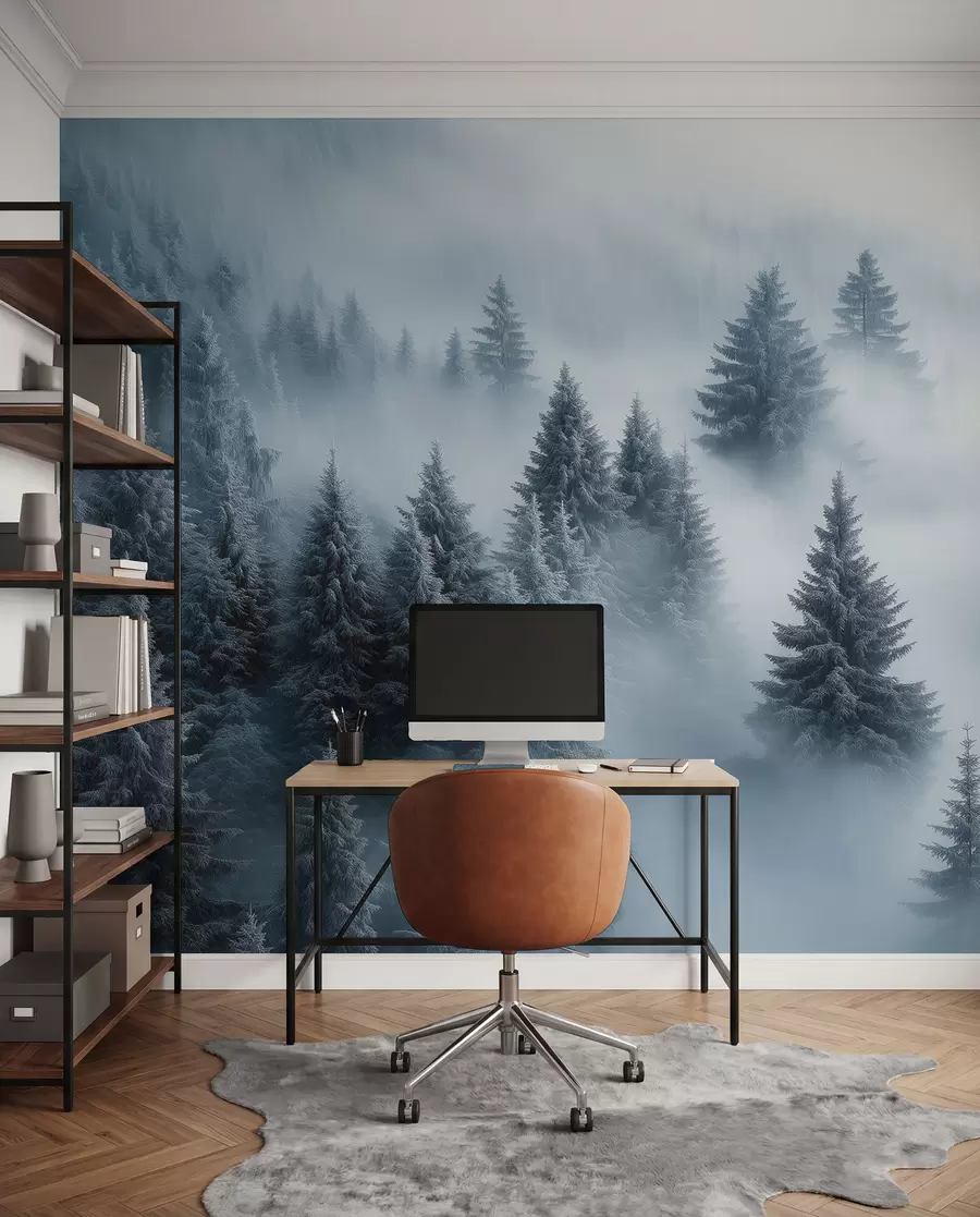 murais de parede Nevoeiro espesso que envolve uma floresta de neve matinal em tons de azul w02064